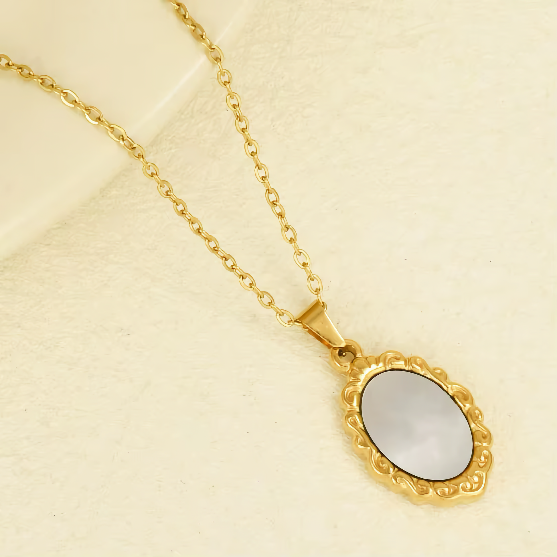 Vintage Mother of Pearl Pendant with Gold Trim – Waterproof, Hypoallergenic, Lightweight Jewelry for Women 4