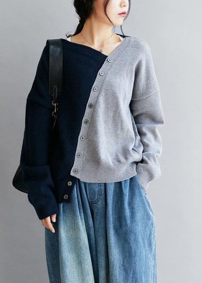 Women's Sweater Blue V-Neck Knit Loose Fit - 1