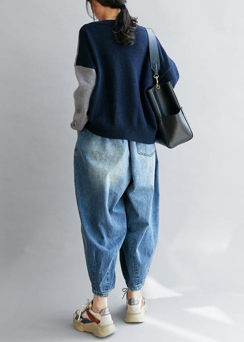 Women's Sweater Blue V-Neck Knit Loose Fit - 4