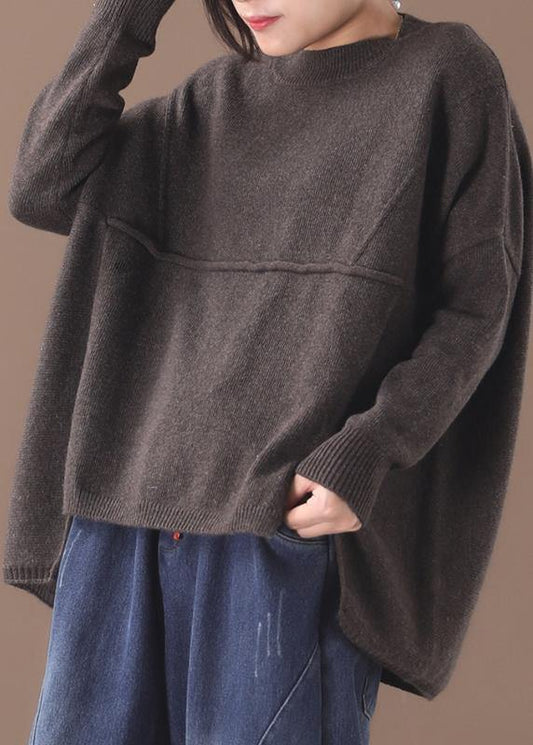 Women's Sweater Top Brown Cotton Plus Size Asymmetric Hem - 1