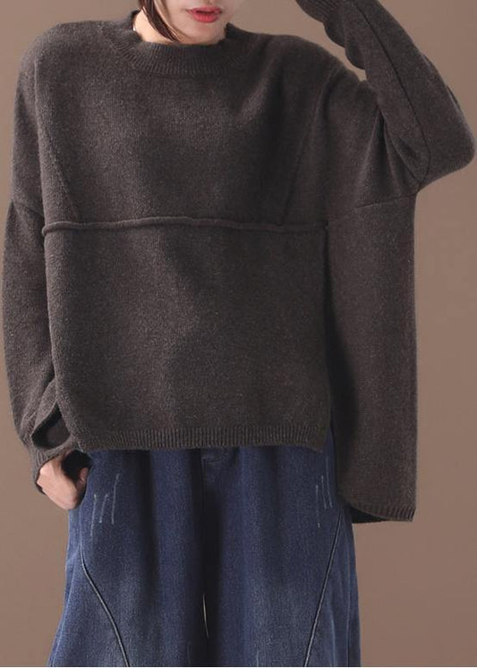 Women's Sweater Top Brown Cotton Plus Size Asymmetric Hem - 2