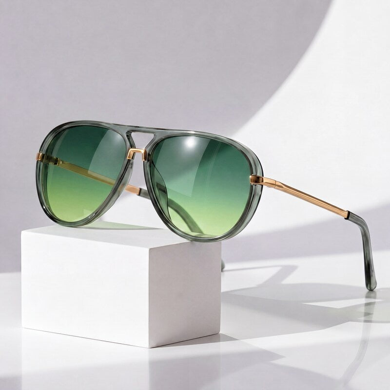 Women's Retro Aviator Sunglasses in Green – front view | Hensley London