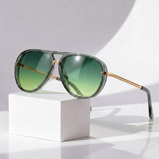Women's Retro Aviator Sunglasses in Green – front view | Hensley London