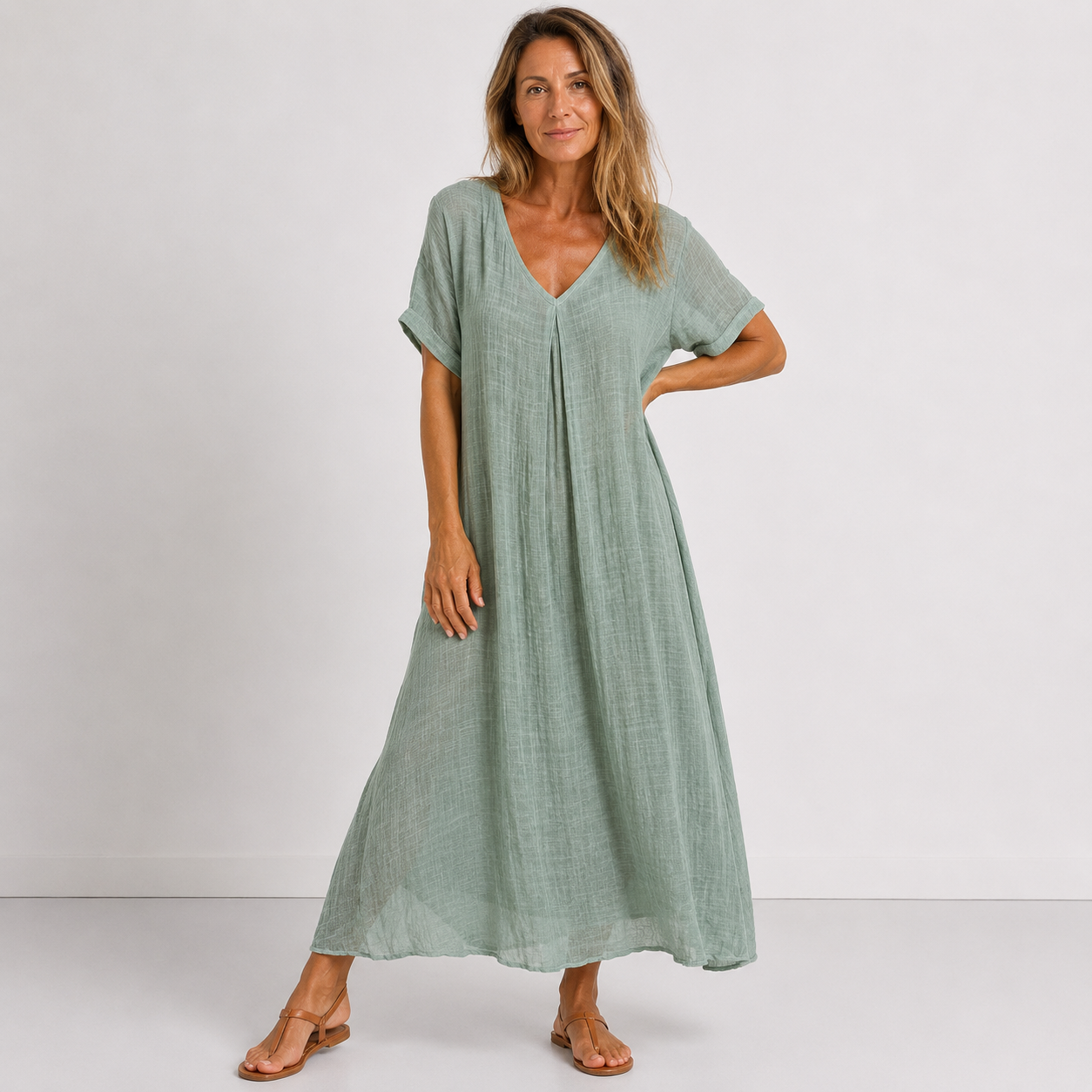 Women's Flowing V-Neck Maxi Dress – front view | Hensley London