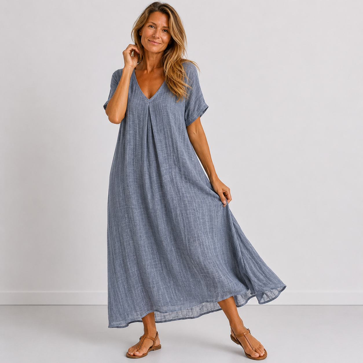 Women's Flowing V-Neck Maxi Dress – product view | Hensley London