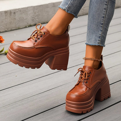 Women's Chunky-Heel Lace-Up Platform Oxfords in Brown – product view | Hensley London