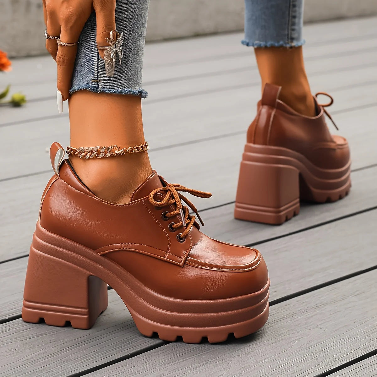 Women's Chunky-Heel Lace-Up Platform Oxfords in Brown – product view | Hensley London