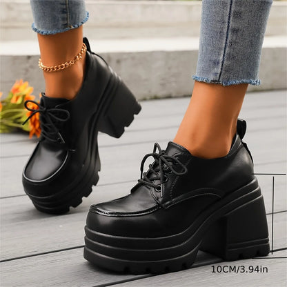 Women's Chunky-Heel Lace-Up Platform Oxfords in Black – additional view | Hensley London