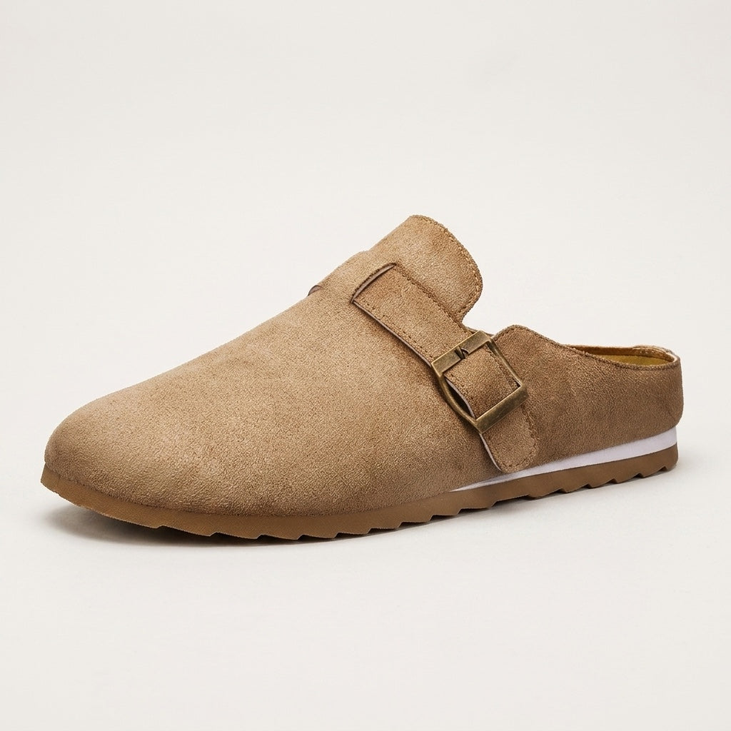 Women's Suede Buckle-Strap Mules in Camel – front view | Hensley London