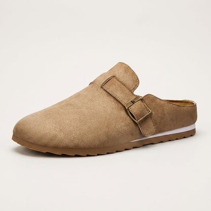 Women's Suede Buckle-Strap Mules in Camel – front view | Hensley London