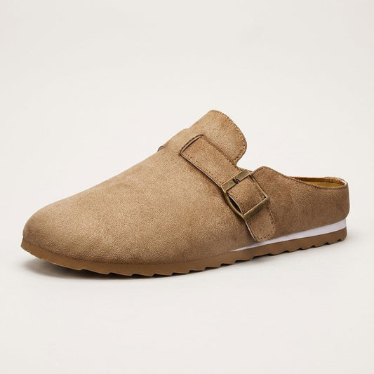 Women's Suede Buckle-Strap Mules in Camel – front view | Hensley London