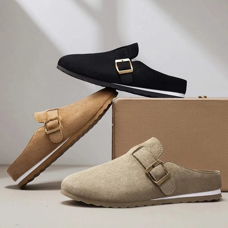 Women's Suede Buckle-Strap Mules in Camel – side view | Hensley London
