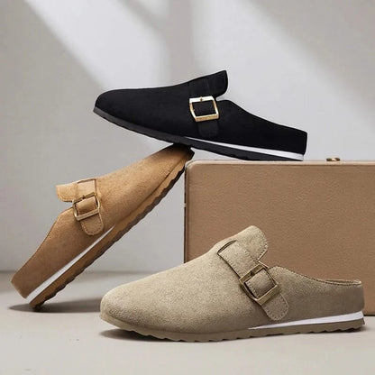 Women's Suede Buckle-Strap Mules in Camel – side view | Hensley London