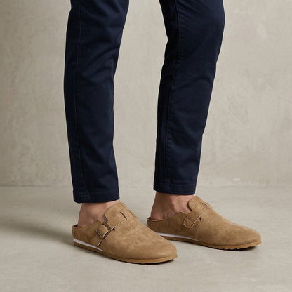 Women's Suede Buckle-Strap Mules in Sand – back view | Hensley London