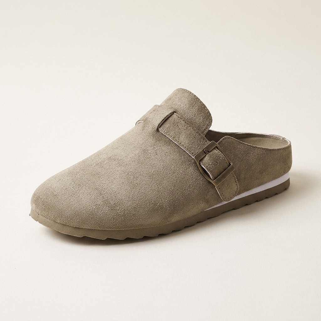 Women's Suede Buckle-Strap Mules in Black – top view | Hensley London