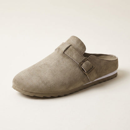 Women's Suede Buckle-Strap Mules in Black – top view | Hensley London