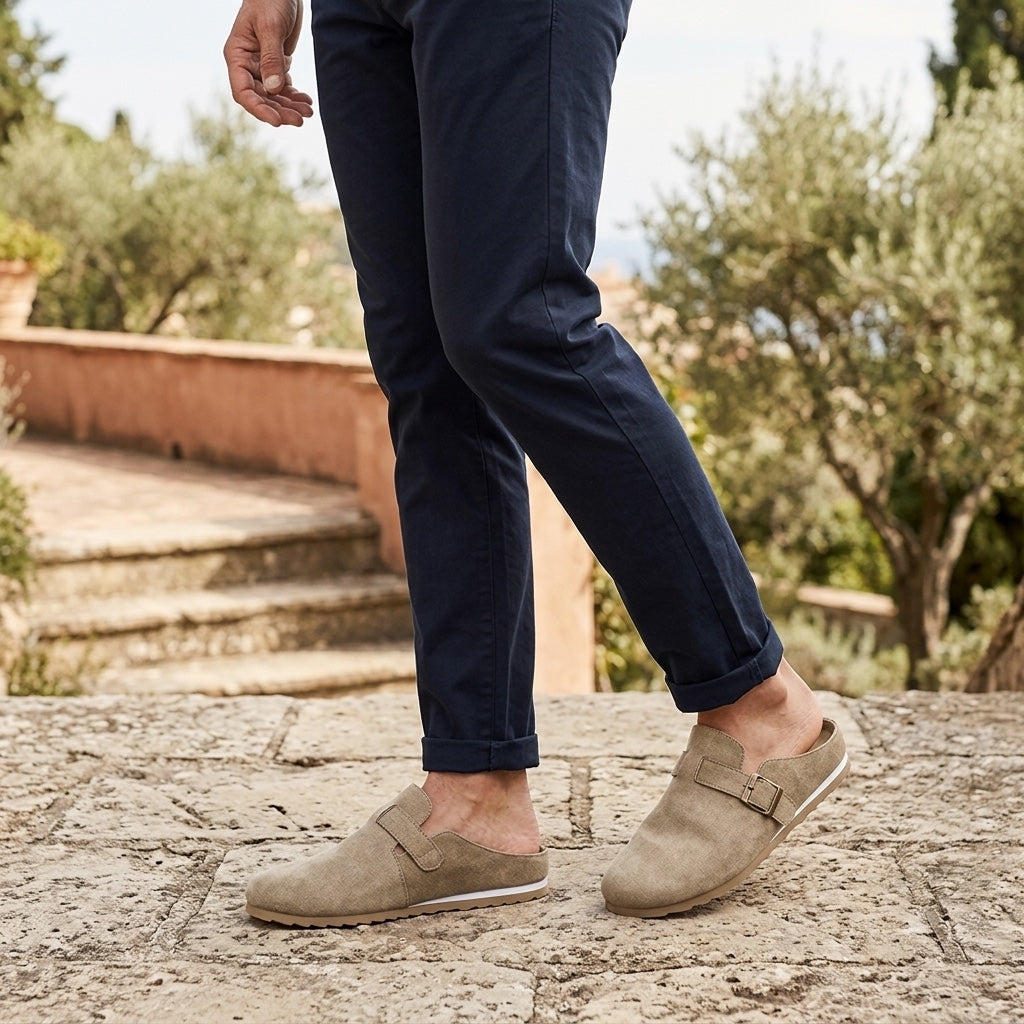 Women's Suede Buckle-Strap Mules in Sand – three-quarter view | Hensley London
