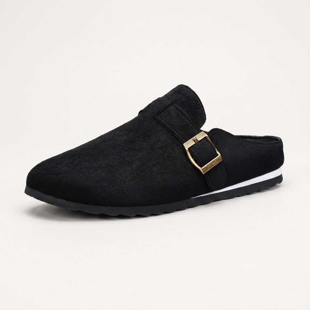 Women's Suede Buckle-Strap Mules in Black – styled view | Hensley London