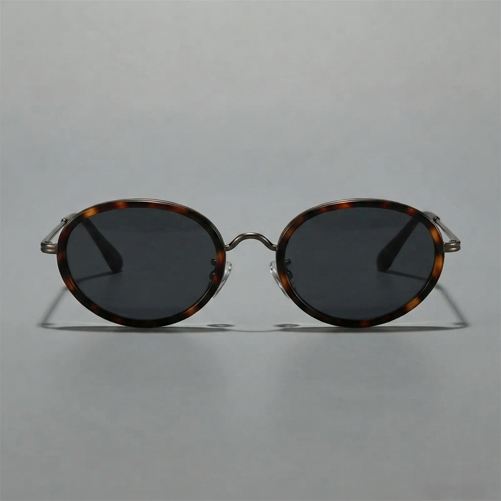 Men's Slim Metal Oval Retro Sunglasses in Tortoise – front detail view | Hensley London