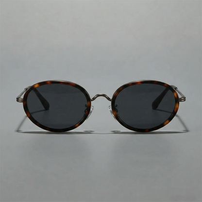 Men's Slim Metal Oval Retro Sunglasses in Tortoise – front detail view | Hensley London