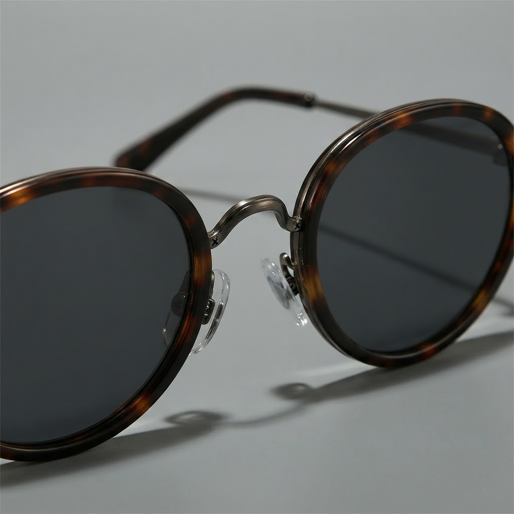 Men's Slim Metal Oval Retro Sunglasses in Tortoise – angled bridge detail | Hensley London