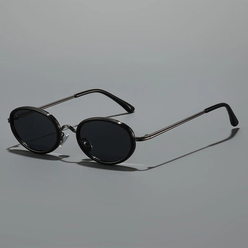 Men's Slim Metal Oval Retro Sunglasses in Black – front view | Hensley London
