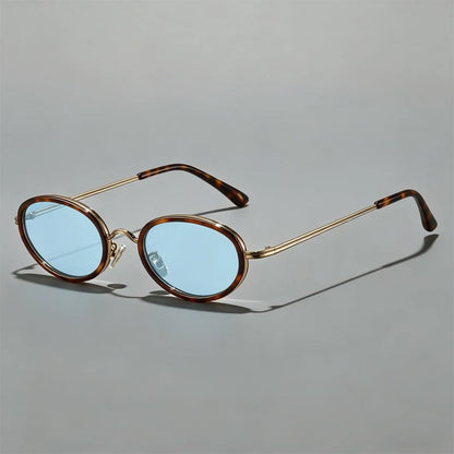 Men's Slim Metal Oval Retro Sunglasses in Blue – front view | Hensley London