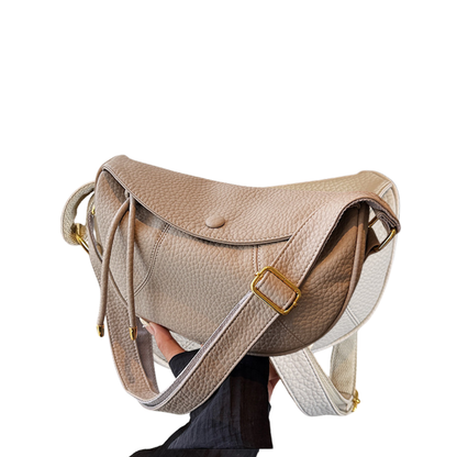 Women's Retro Dumpling Crossbody Shoulder Bag in Khaki – front view | Hensley London