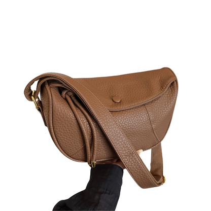 Women's Retro Dumpling Crossbody Shoulder Bag in Brown – front view | Hensley London
