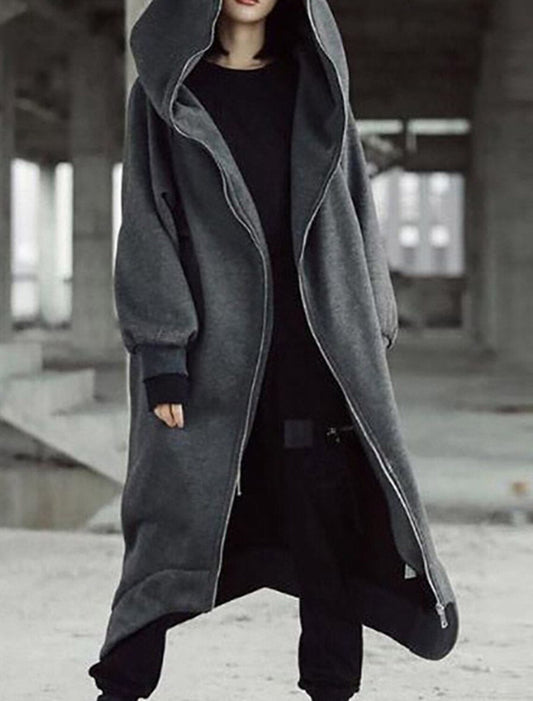 Women's Long Coat Black Fleece with Hood - 1