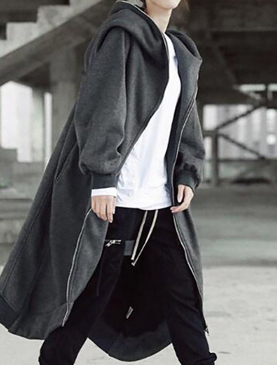 Women's Long Coat Black Fleece with Hood - 3