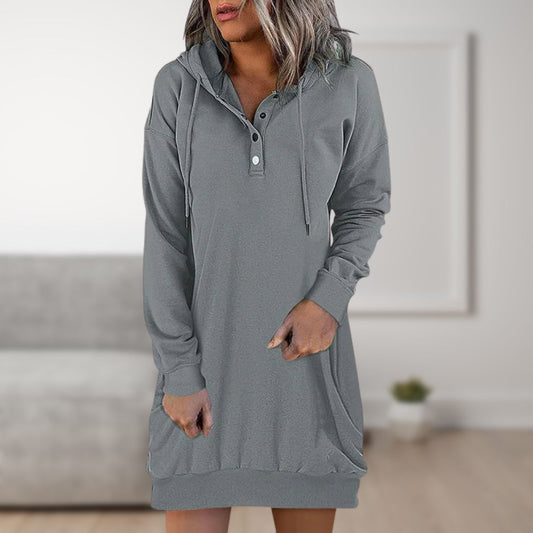 Women's Hooded Dress Black Cotton Casual - 1