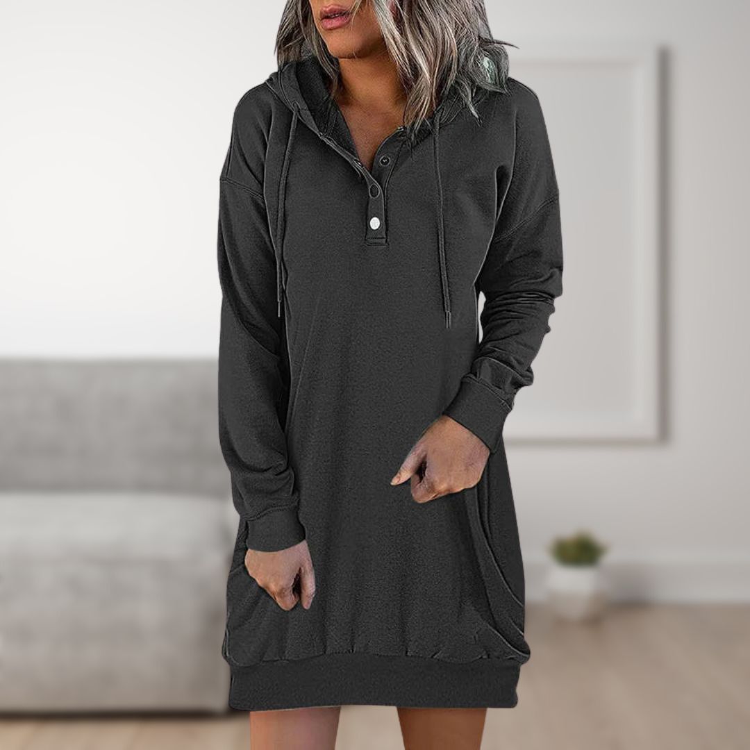Women's Hooded Dress Black Cotton Casual - 2