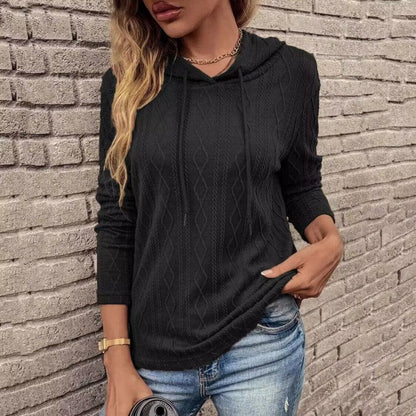 Women's Hoodie Black Jacquard Cotton Polyester Long Sleeve - 6
