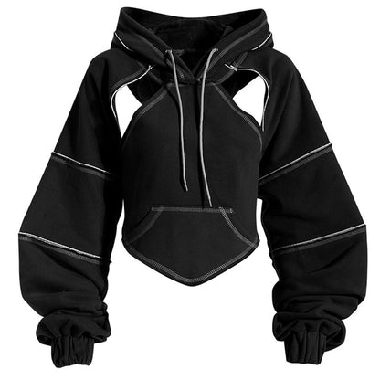 Women's Cropped Hoodie Black Cotton Polyester - 1