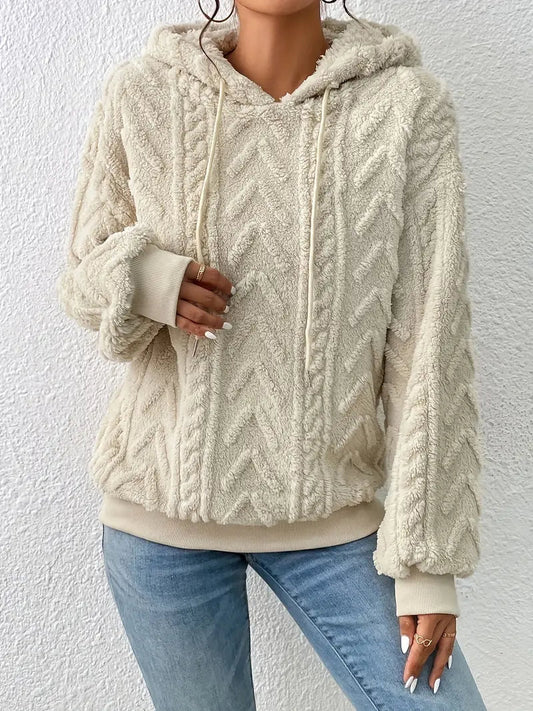 Women's Hoodie Beige Soft Teddy Fleece Pullover - 1