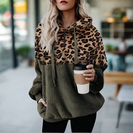 Women's Hoodie Leopard Print Plush Casual Sweatshirt - 1