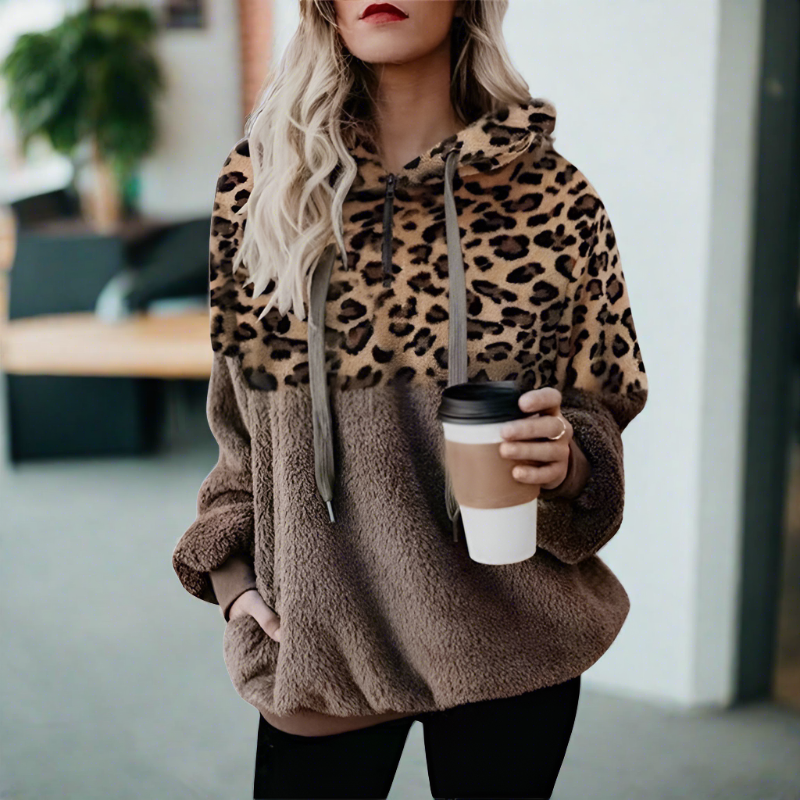 Women's Hoodie Leopard Print Plush Casual Sweatshirt - 2