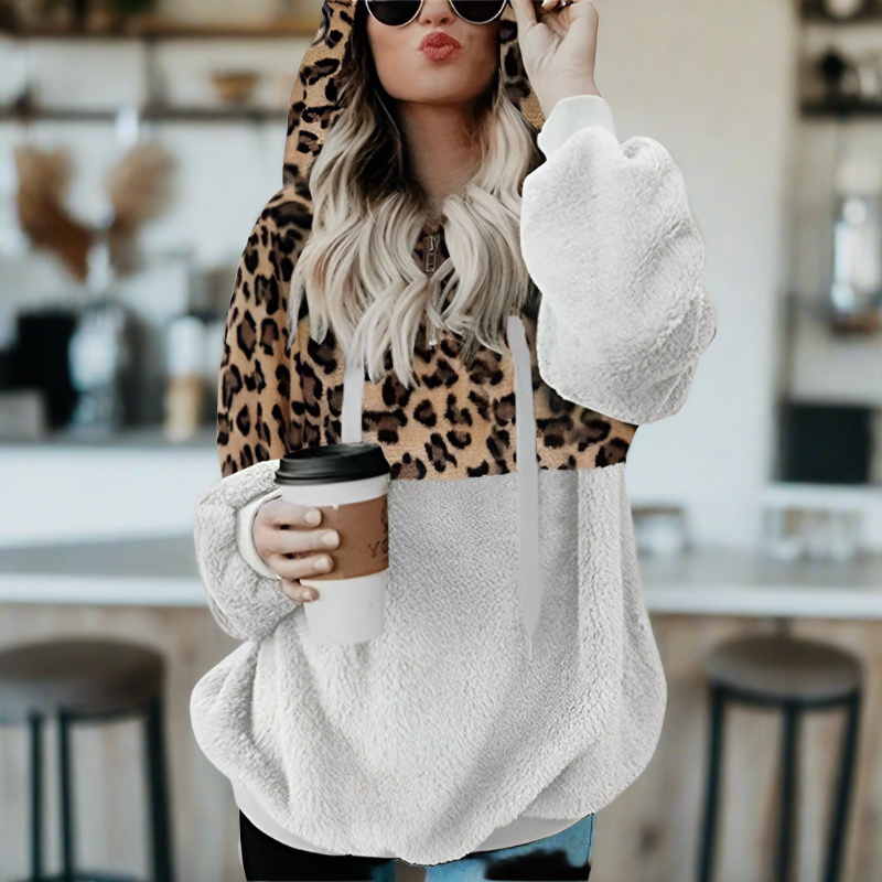 Women's Hoodie Leopard Print Plush Casual Sweatshirt - 3