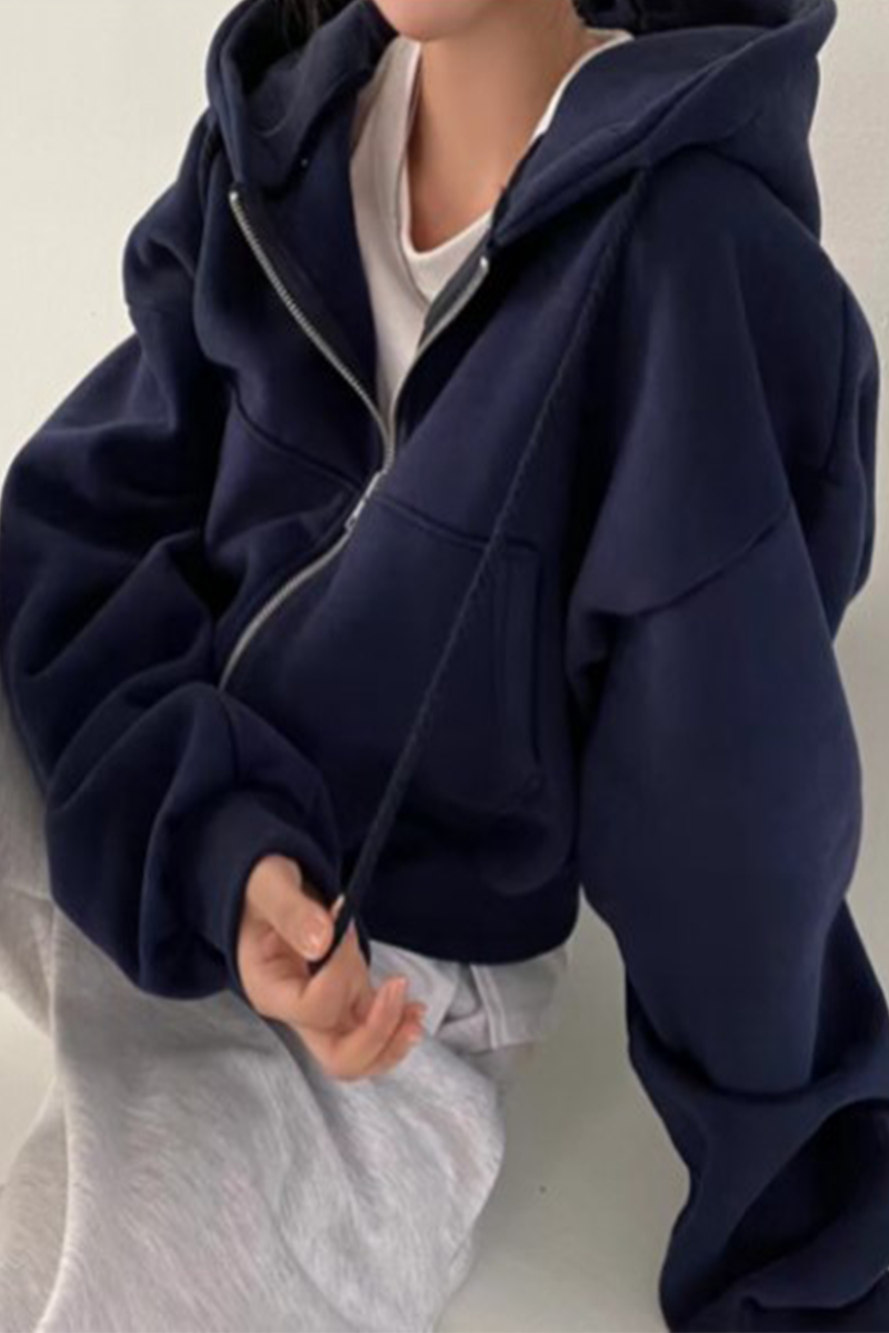 Women's Casual Hoodie with Drawstring Pocket Black Cotton Blend - 7