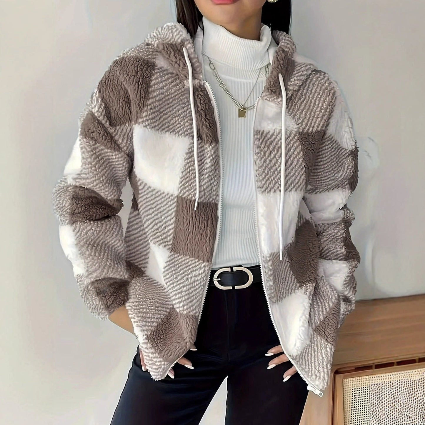Women's Hoodie Jacket Checkered Teddy Warm Cozy - 1