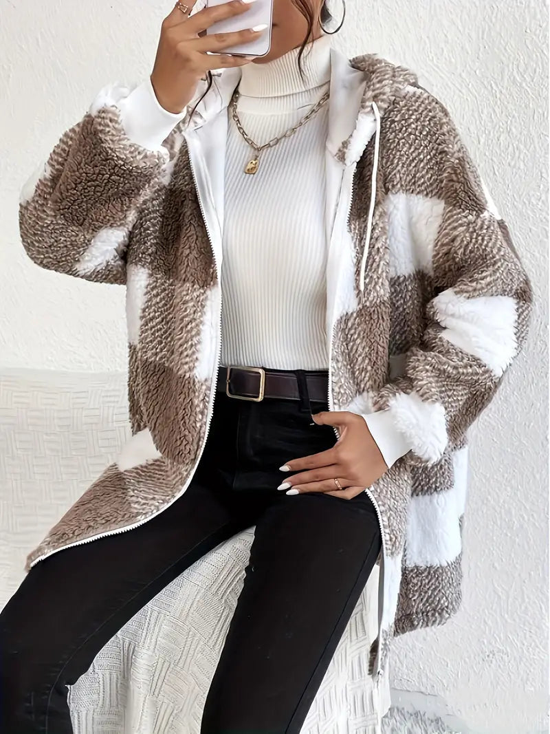 Women's Hoodie Jacket Checkered Teddy Warm Cozy - 2