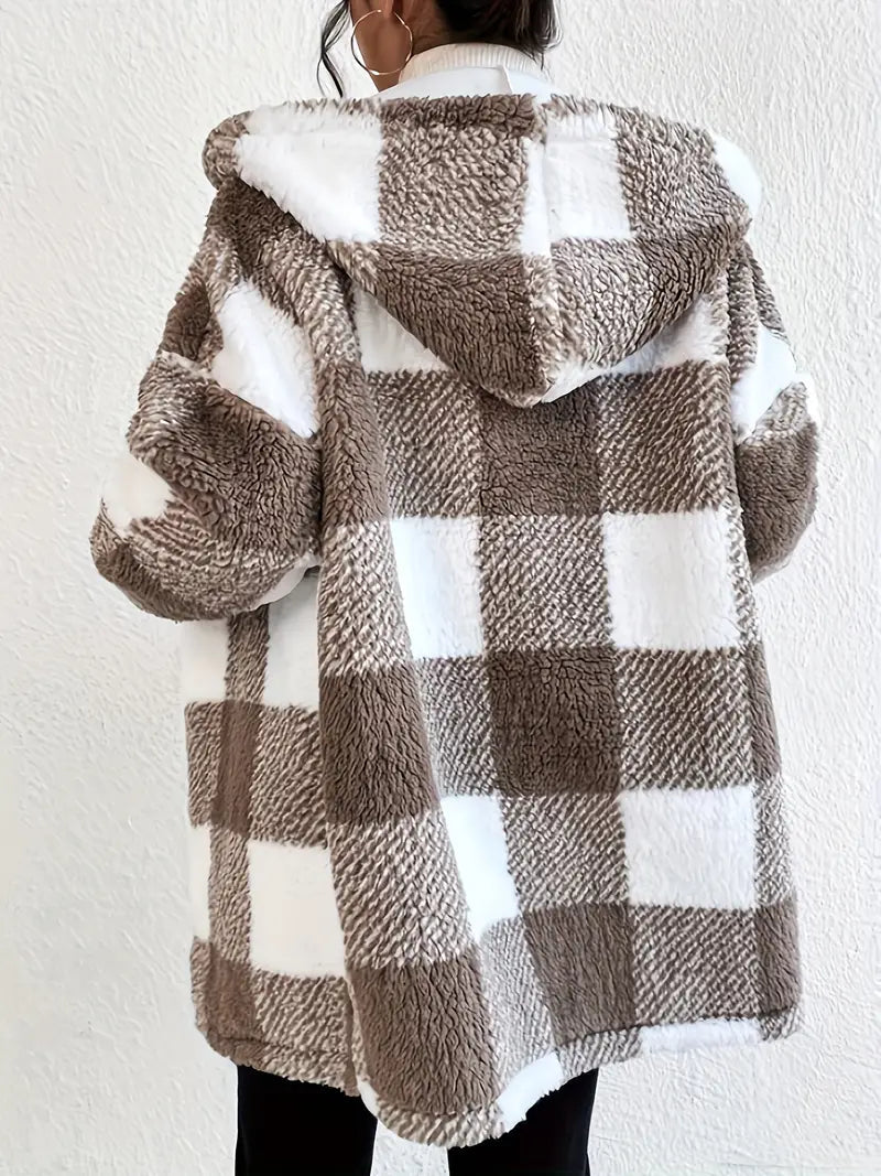 Women's Hoodie Jacket Checkered Teddy Warm Cozy - 3