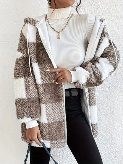 Women's Hoodie Jacket Checkered Teddy Warm Cozy - 4