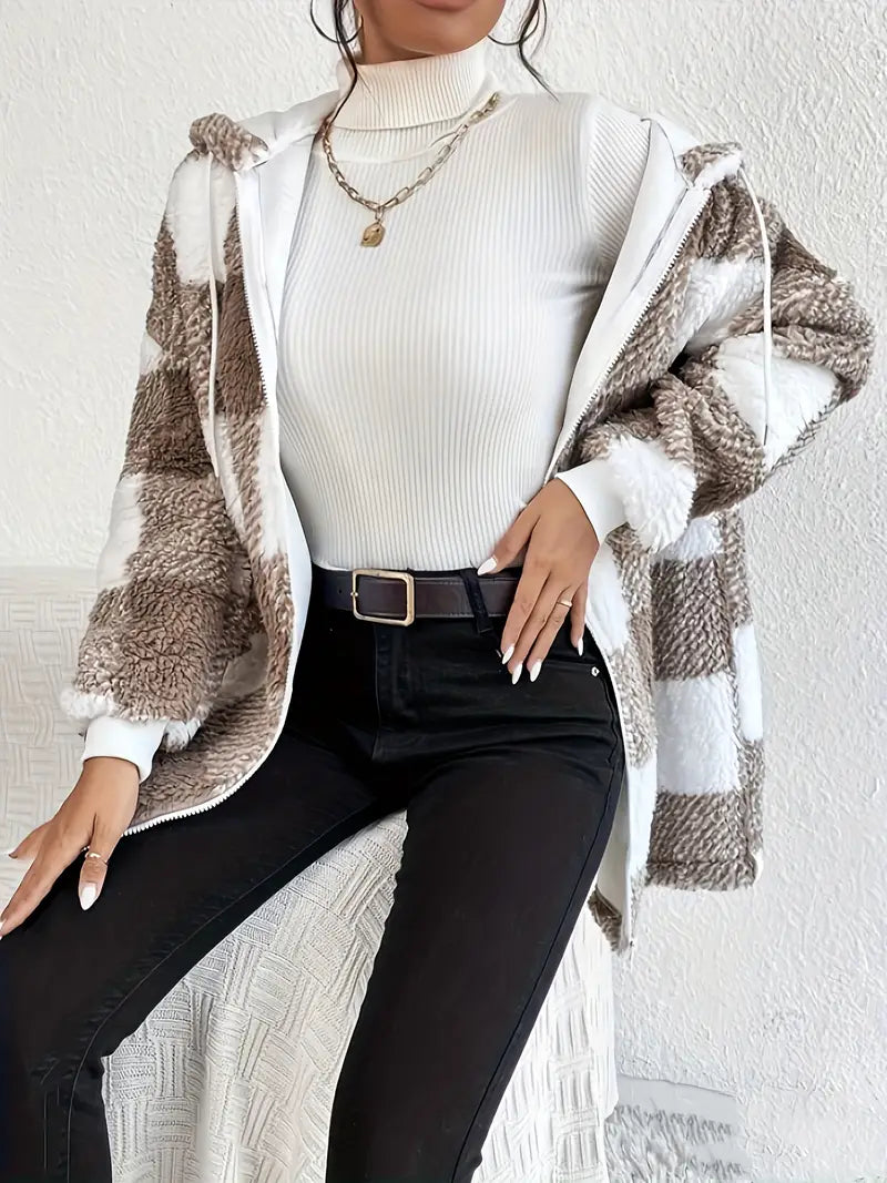 Women's Hoodie Jacket Checkered Teddy Warm Cozy - 5