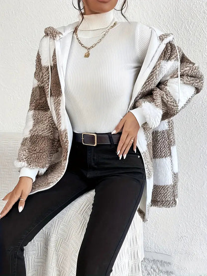 Women's Hoodie Jacket Checkered Teddy Warm Cozy - 5