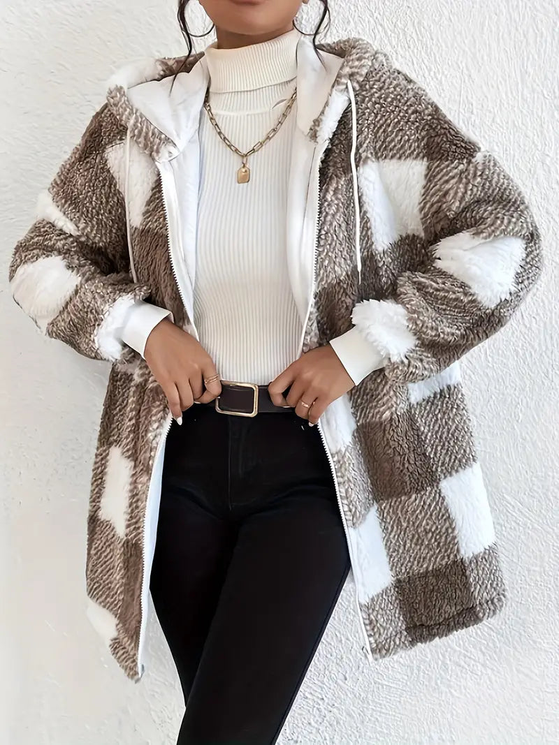 Women's Hoodie Jacket Checkered Teddy Warm Cozy - 6