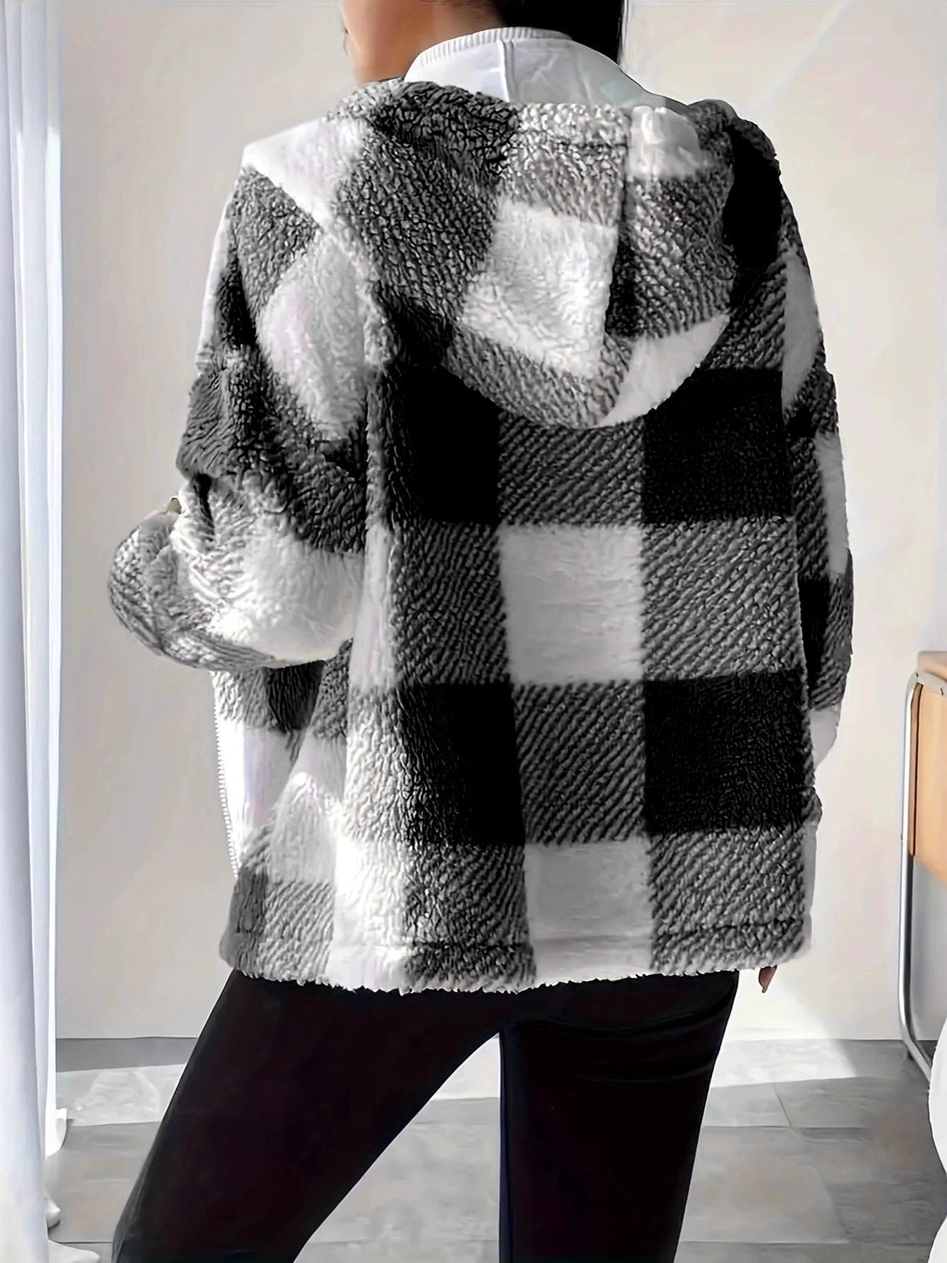 Women's Hoodie Jacket Checkered Teddy Warm Cozy - 7