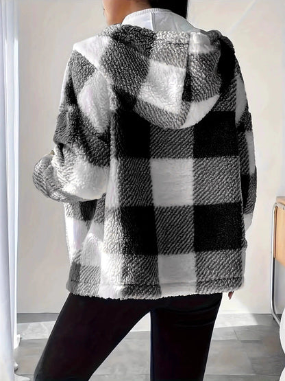 Women's Hoodie Jacket Checkered Teddy Warm Cozy - 7