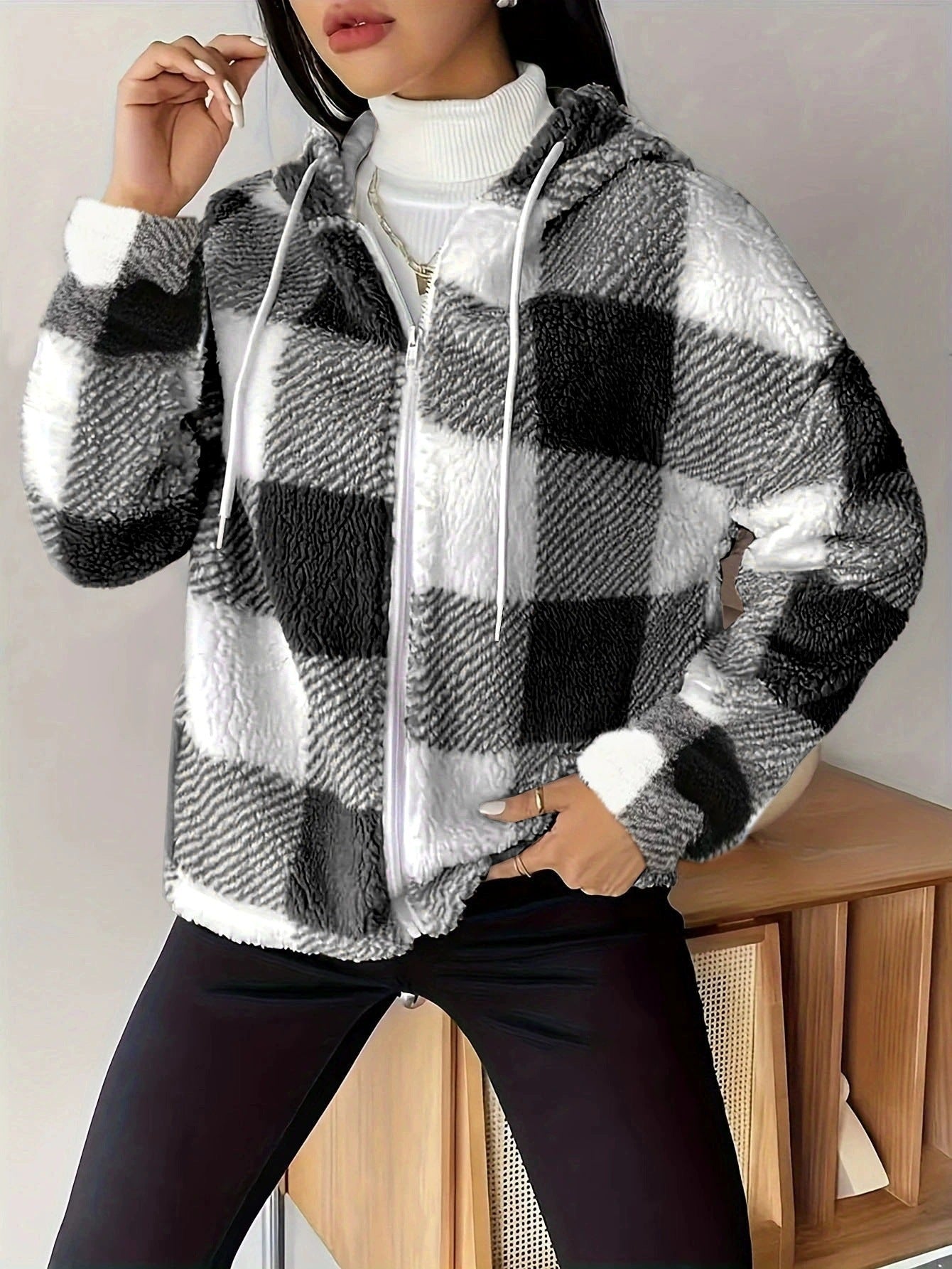 Women's Hoodie Jacket Checkered Teddy Warm Cozy - 8